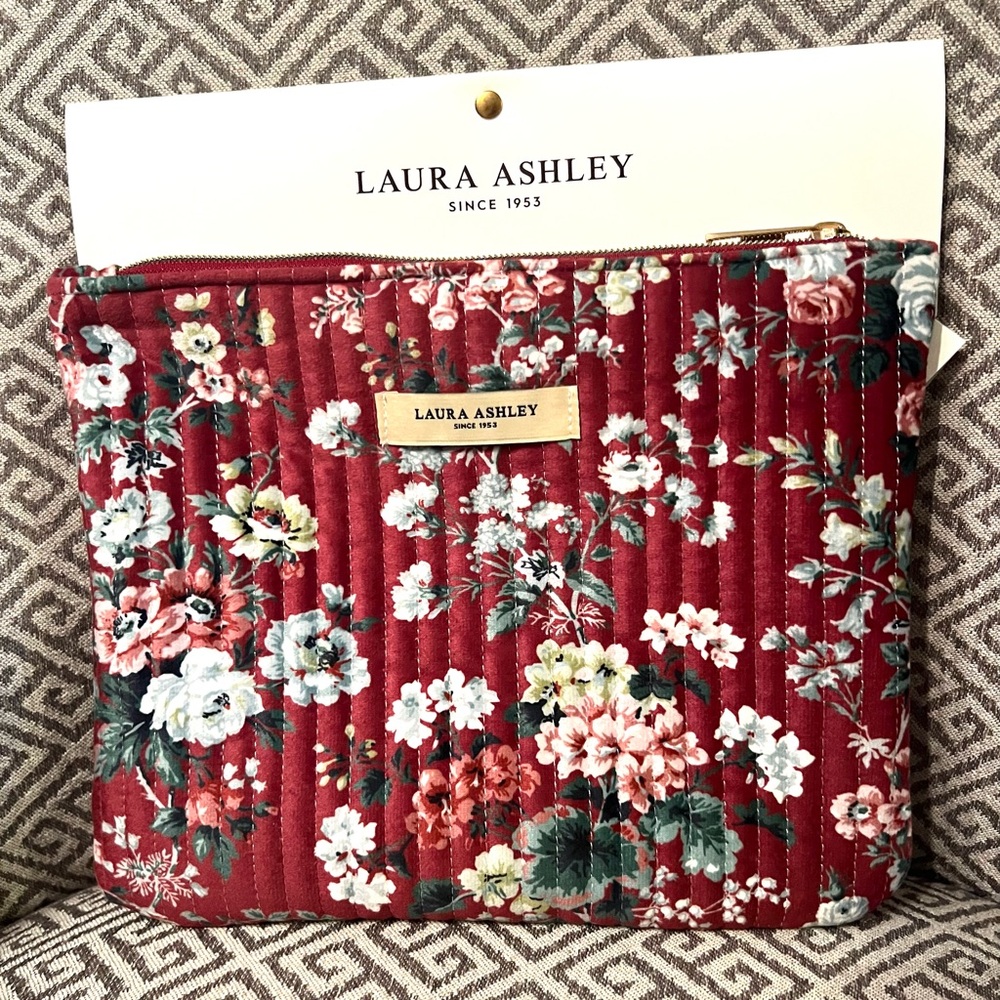 NEW Laura Ashley Red Floral Quilted Cosmetic Pouch. 10" x 8".